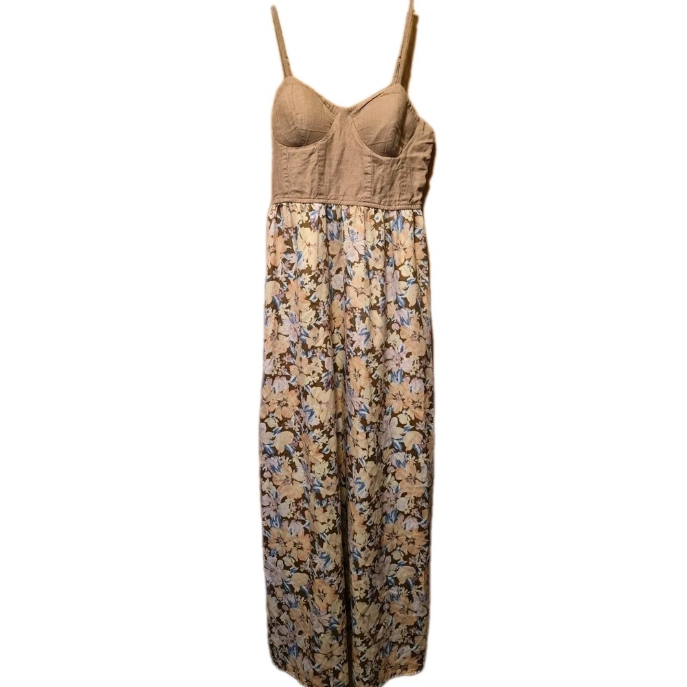 Land of the Free Floral Maxi Dress‎ Linen Bustier & Smocked Back Large Cottage
